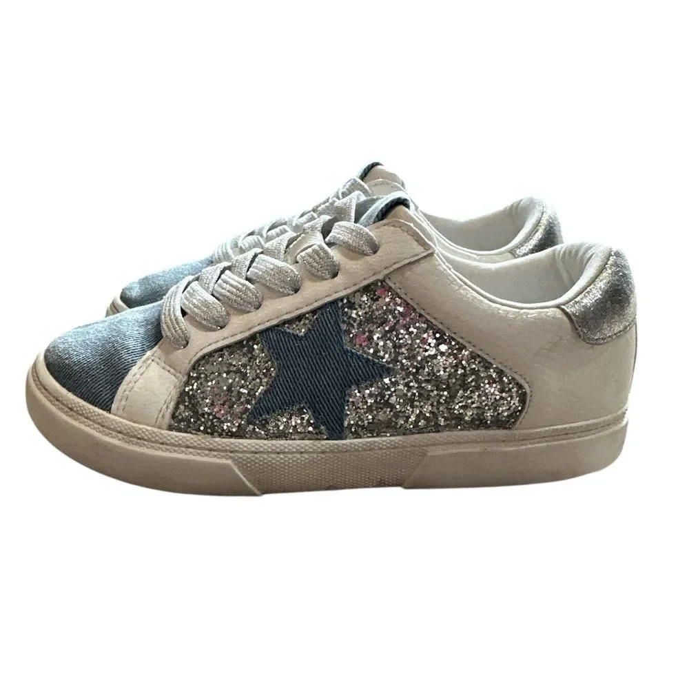 Art Class Girls Sz 2 Silver White Blue Glitter Star Lace Sneakers